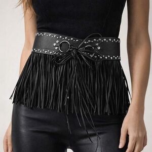 Black Wide Faux Leather Studded Tassel Fringe Statement Belt
